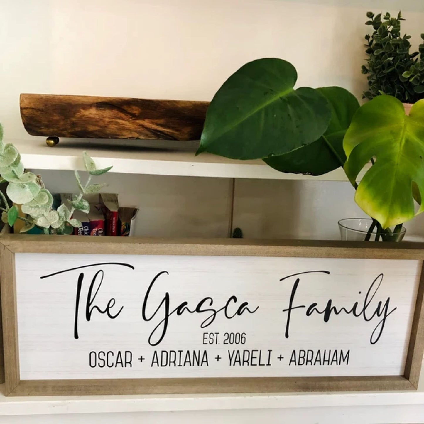Personalized Framed Family Name Sign (6"x 18", Weathered Grey Frame, White Background)