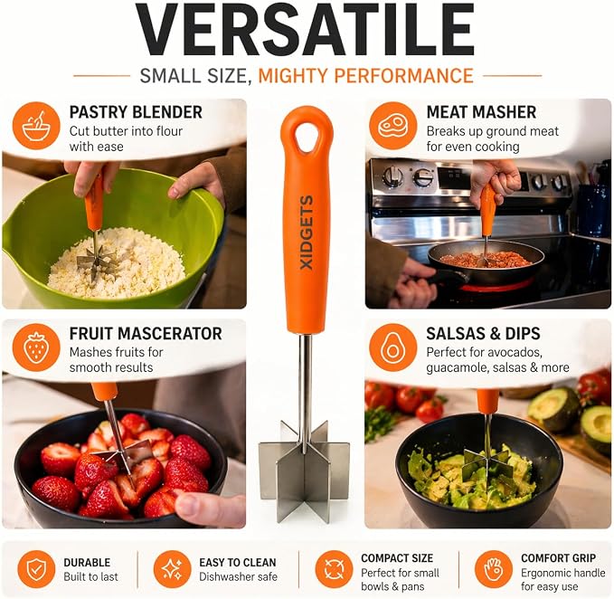 Stainless Steel Mini Meat Chopper & Masher | 6-Blade Ground Beef Chopper Tool | Small Hamburger Smasher | Compact Ergonomic Handle | Dishwasher Safe - 7" (Retro Orange Mini)