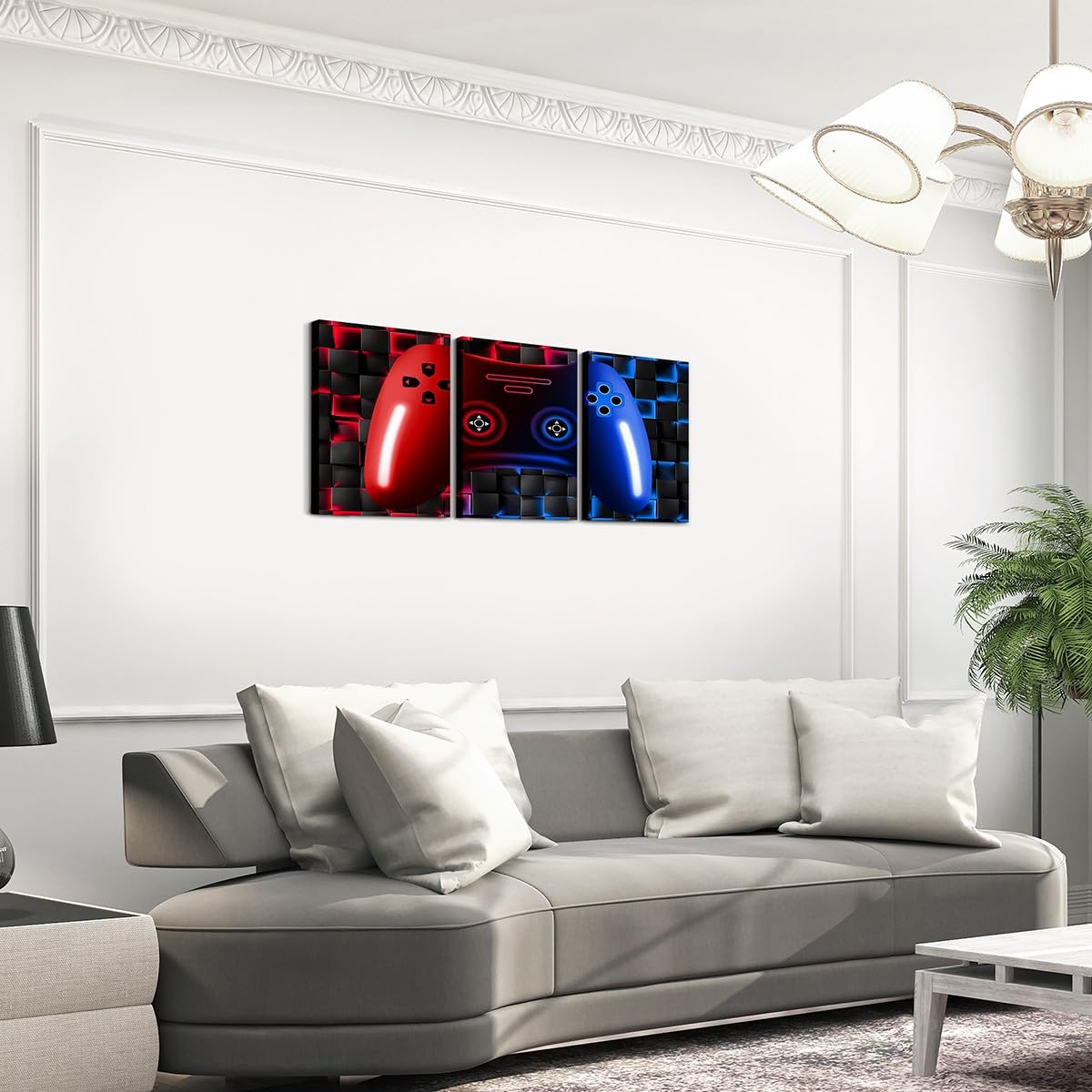 Erosebridal Gaming 3 Piece Wall Decor For Boys Bedroom 3D Gamer Geometric Wall Art 12"X16" Video Game Pictures Poster Prints Gamepad Neon Red Blue Black Wall Decor Artwork For Office Playroom