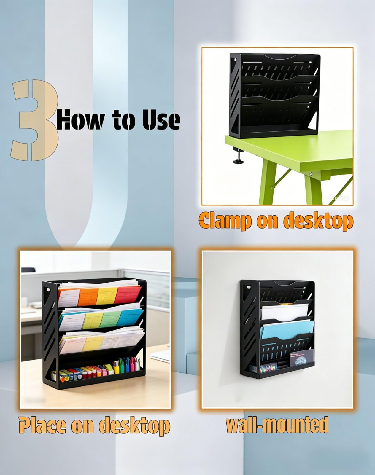 Yuxh 13 inch Clamp Desk File Organizer 4 Tier Wall Mail Holder Multi-mount Hanging Paper Rack Stable without Shaking Office Bills Storage with Bottom Tray, Clip on Table Vertical Folder Shelf