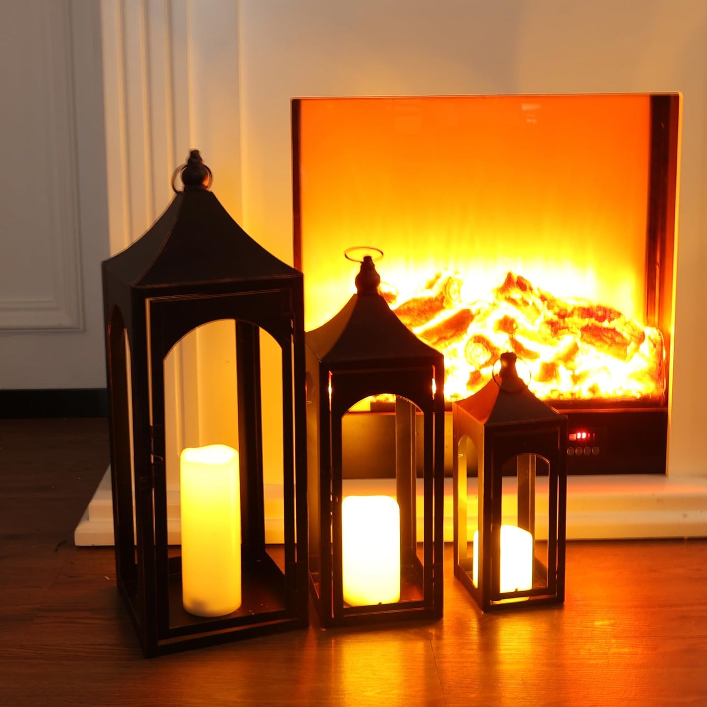 NEEDOMO Lanterns Decorative Indoor&Outdoor,Set of 3 Outdoor Lanterns for Porch, 26" Metal Frame Candle Holders with LED Candles, Fall, Christmas