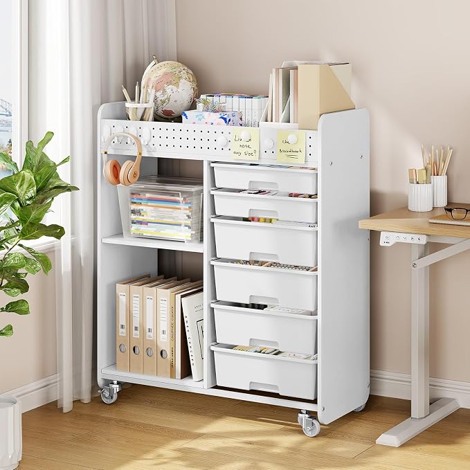 Rolling Storage Cart with Top Pegboard and 6 Drawers, Mobile Utility Cart on Wheels with Locking Brakes, Craft Organizer Lateral File Cabinet for Home, Office and Craft Room – Wood Frame(White)