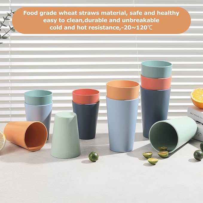 HEYCOME Set of 12 Wheat Straw Cups, 6 Pcs 20 oz & 6 Pcs 12 oz Unbreakable Drinking Cups, Reusable Plastic Cups Sets for Outdoor Camp Kitchen, Microwave & Dishwasher Safe, Bpa Free, 6 Colors