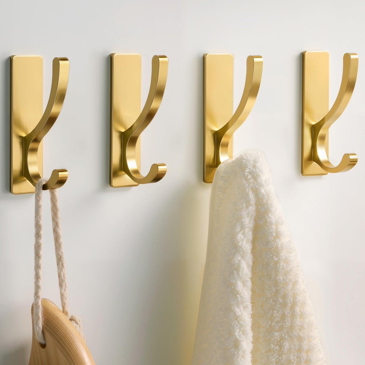 pickpiff Adhesive Wall Hooks for Towels - Sticky Hook Hanging Heavy Duty (13lb), Hanger for Door, Bathroom, Dorm, Closet - for Coats, Purse, Bag, Robe - No Damage to Wall - Gold 4 Pack