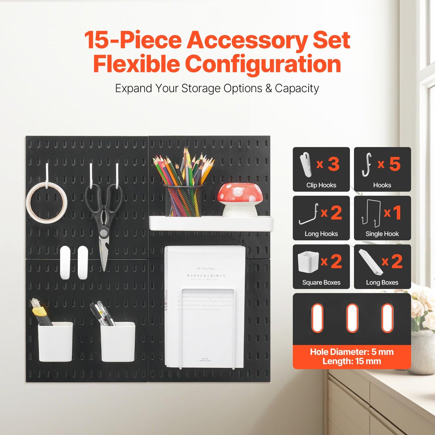 VEVOR Pegboard Combination Kit, 11" x 11" Plastic Pegboard, 4 Panels, Peg Board Wall Organizer Kit with Accessories, for Garage Tool Storage Kitchen Living Room Craft Room Office Bathroom Home, Black