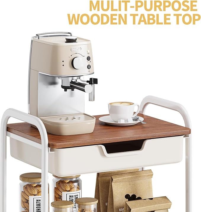 TOOLF 3 Tier Metal Utility Rolling Cart - White Storage Cart with Drawer and Wooden Table Top, Trolley Kitchen Organizer Rolling Desk with Locking Wheels for Office, Classroom, Home, Bedroom