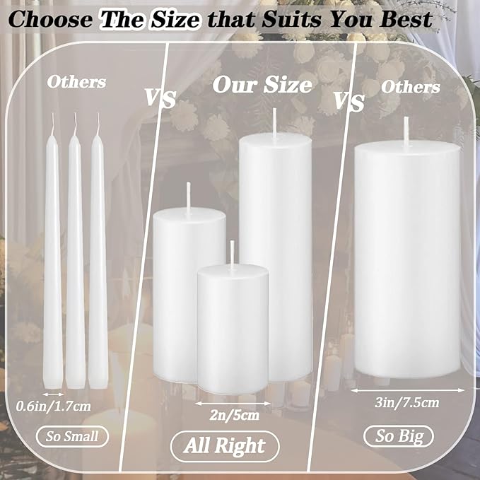 Ivroy Pillar Candles Bulk Set of 36，Hurricane Candlesï¼? Different Lengths 2 x 3/6/8 Inch (12 Each)，Dripless Unscented Smokeless，Gives You a Better Atmosphere When Organizing an Event Party.