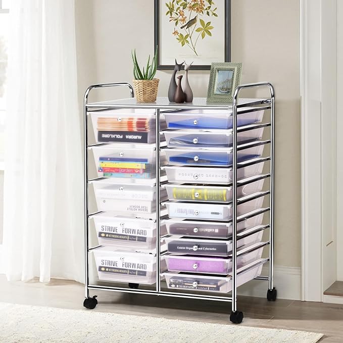 LDAILY 15 Drawer Rolling Storage Cart, Rolling Cart with Drawers for Classroom, Art Supply Craft Organizer on Wheel with Metal Frame & Handles for Home Office School