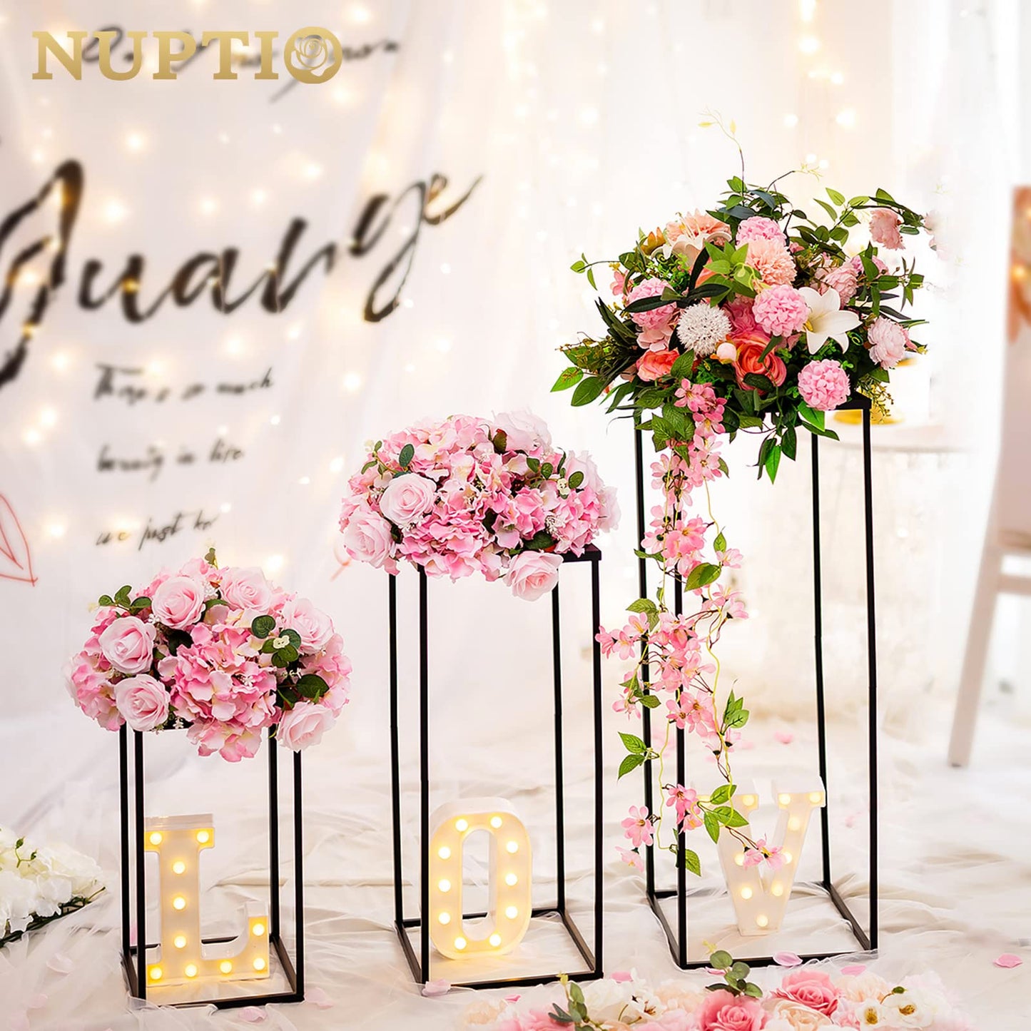 Nuptio Black Vase Plant Stand - 3 Pcs Tall Flower Vases for Wedding Birthday Party Centrepieces - Metal Column Display Table Rack Indoor Corner Flower Stand for Living Room Decor(15.7/23.6/31.5in)