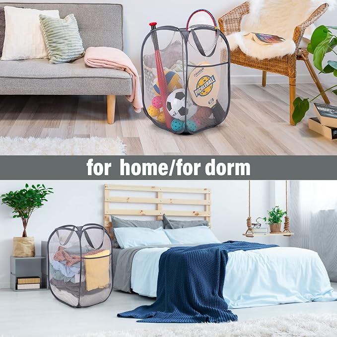 BATTOO 3 Pack Collapsible Laundry Basket Strong Mesh Pop Up Laundry Hamper for Laundry Foldable Hampers with Side Pocket Reinforced Handles for Bathroom, Kids Room, College Dorm or Travel Grey