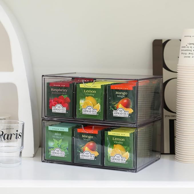 CLUQMEIK 2 Large Acrylic Tea Bag Organizer, 9 Grids Tea Organizers and Storage with Acrylic Drawers Stackable, Teabag Holder Organizer for Counter Countertop Kitchen Cabinet