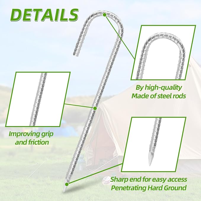 Rebar Stakes 12inx6mm Galvanized J Hook 12pcs – Heavy Duty Ground Tent Stakes for Fence,Bounce House,Outdoor Plants,Artificial Turf,Dog Coop,Metal Stakes for Christmas Decorations