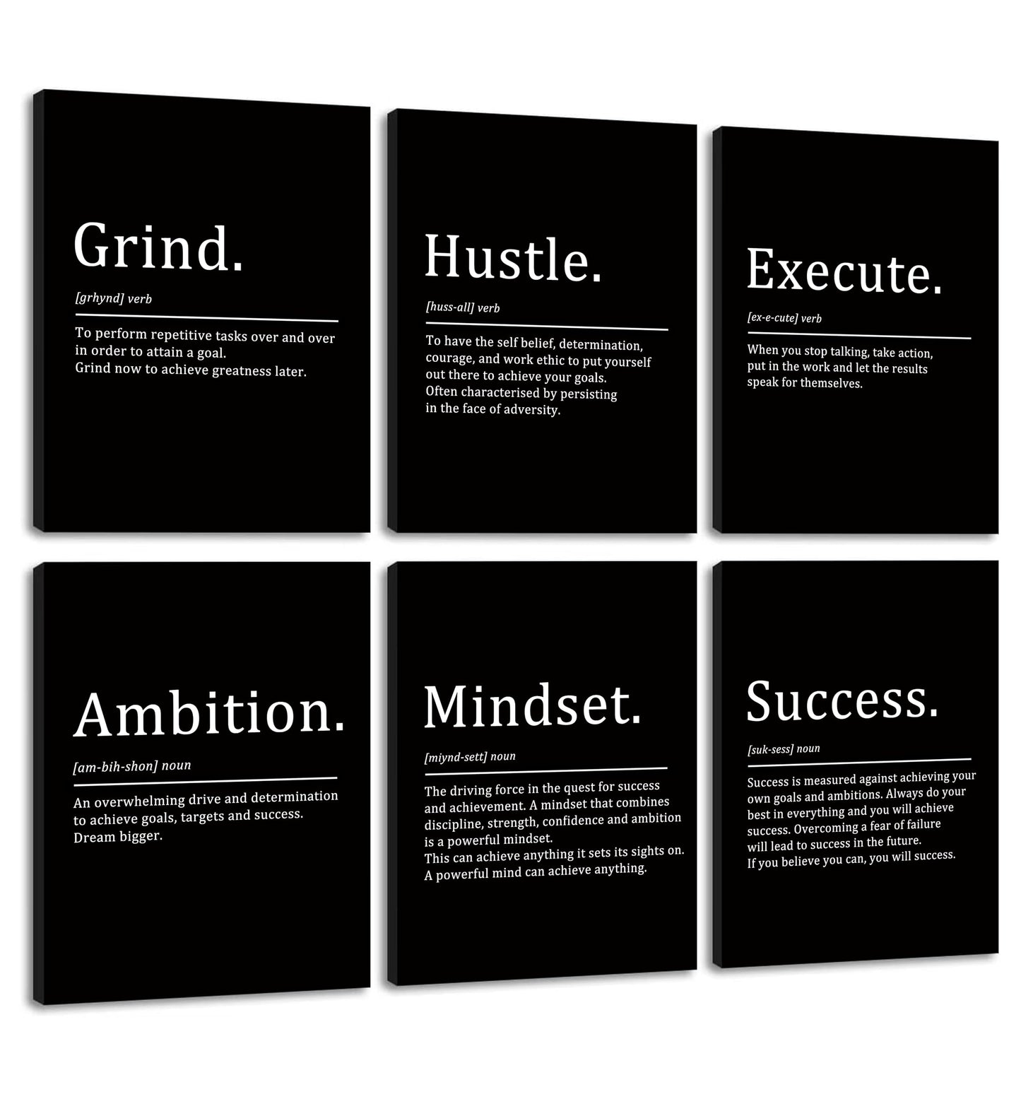 COSCTOR Set of 6 Grind Hustle Execute Ambition Mindset Success Motivational Wall Art Picture Decor Canvas Framed for Office Bedroom Inspirational Home Posters Paintings Ready to Hang(Framed,9x12)