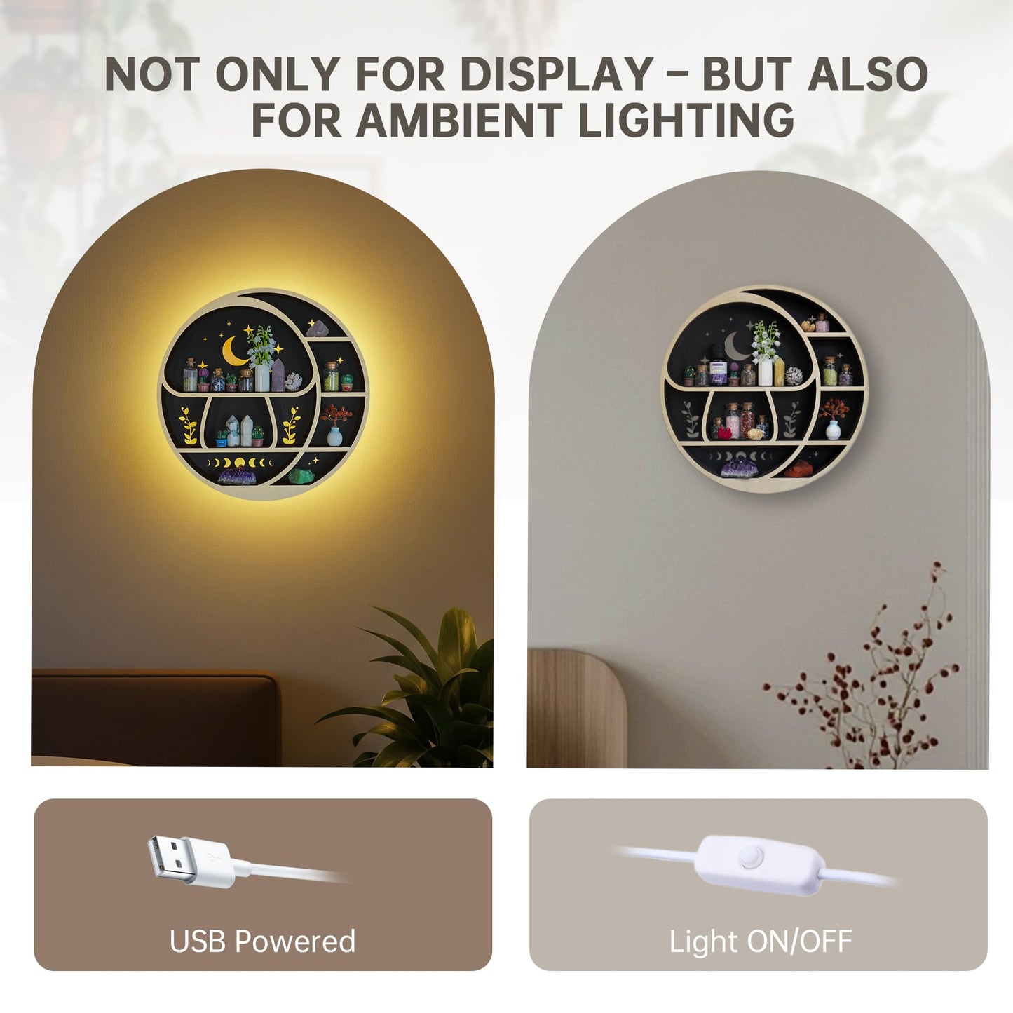 Circle Mushroom on The Moon Wall Shelf with LED Light, Wooden Trinket Knick Knack Shelf, Mushroom & Moon Decor Crystal Display Shelf for Rocks Gems Healing Stones, Cute Crystal Holder Organizer