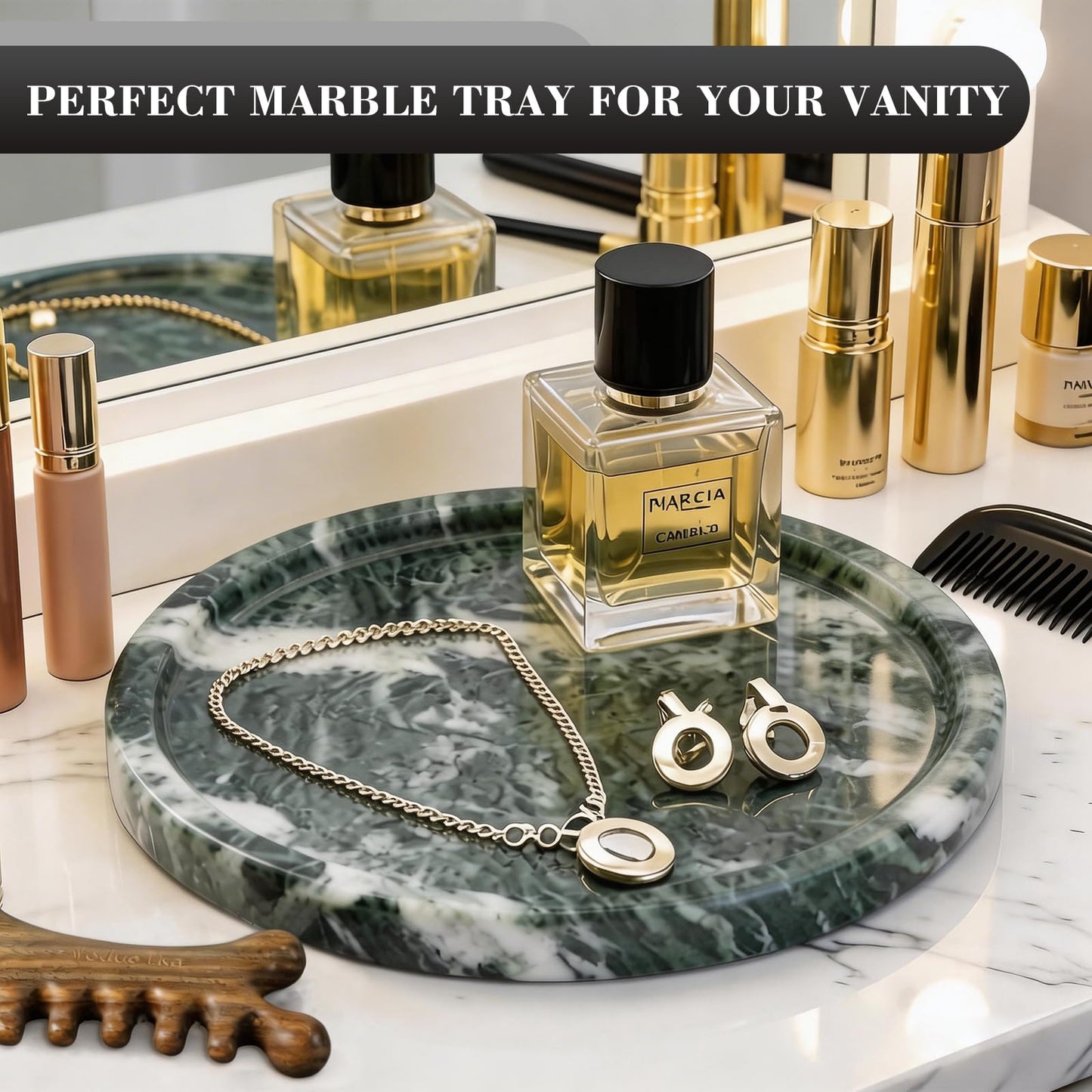Woduelka Natural Round Marble Tray - 7.8" Marble Vanity Tray for Dresser, Bathroom, Decorative Jewelry Dish for Perfumes Rings Earrings Necklaces, Stone Tray for Home Décor, Green