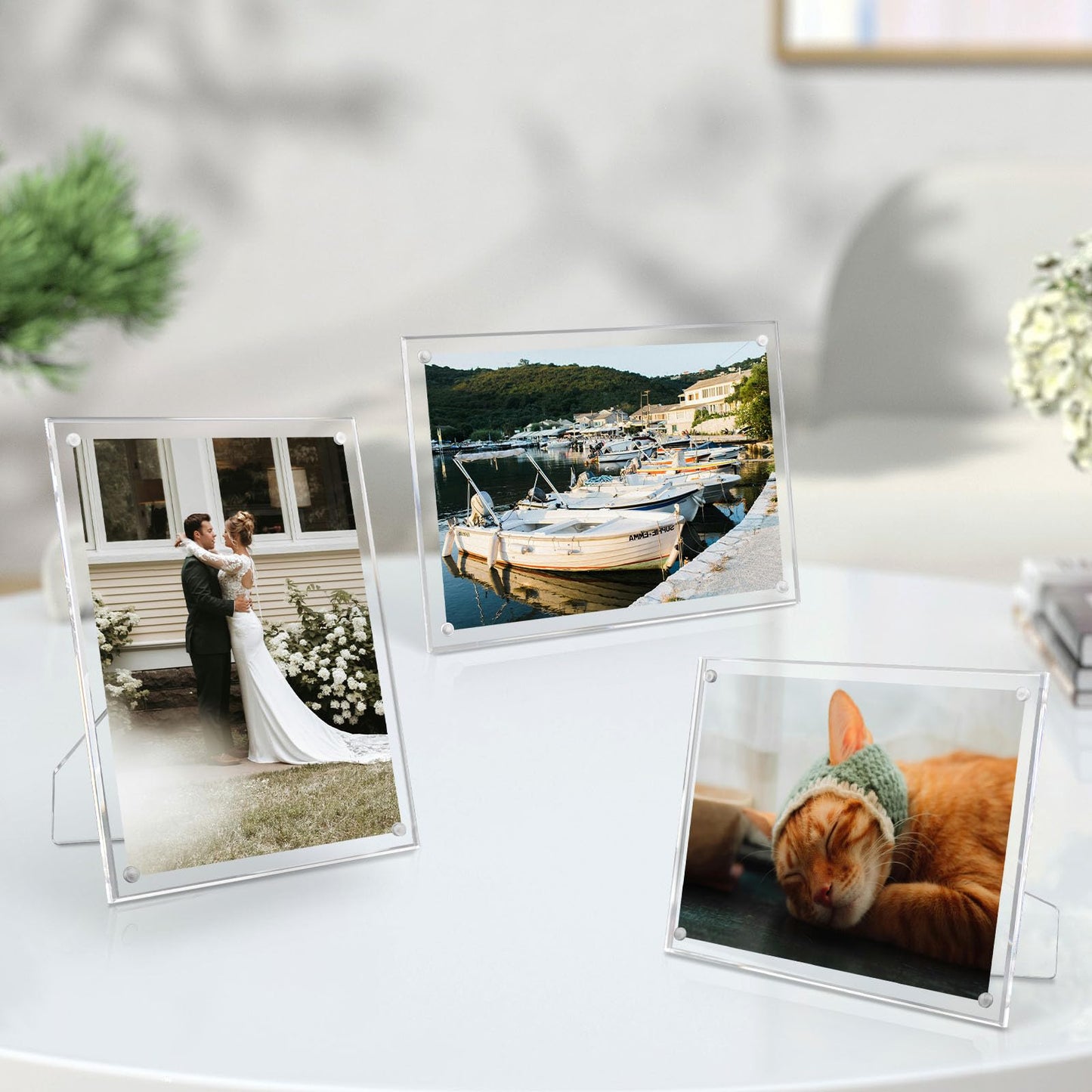 3 Pack 6x8 Acrylic Picture Frames With Stand, Floating Effect Size: 5x7 or Smaller, Frameless Frame With Strong Magnets, for Wedding Sign Reception, Decoration, Photos and Art Display