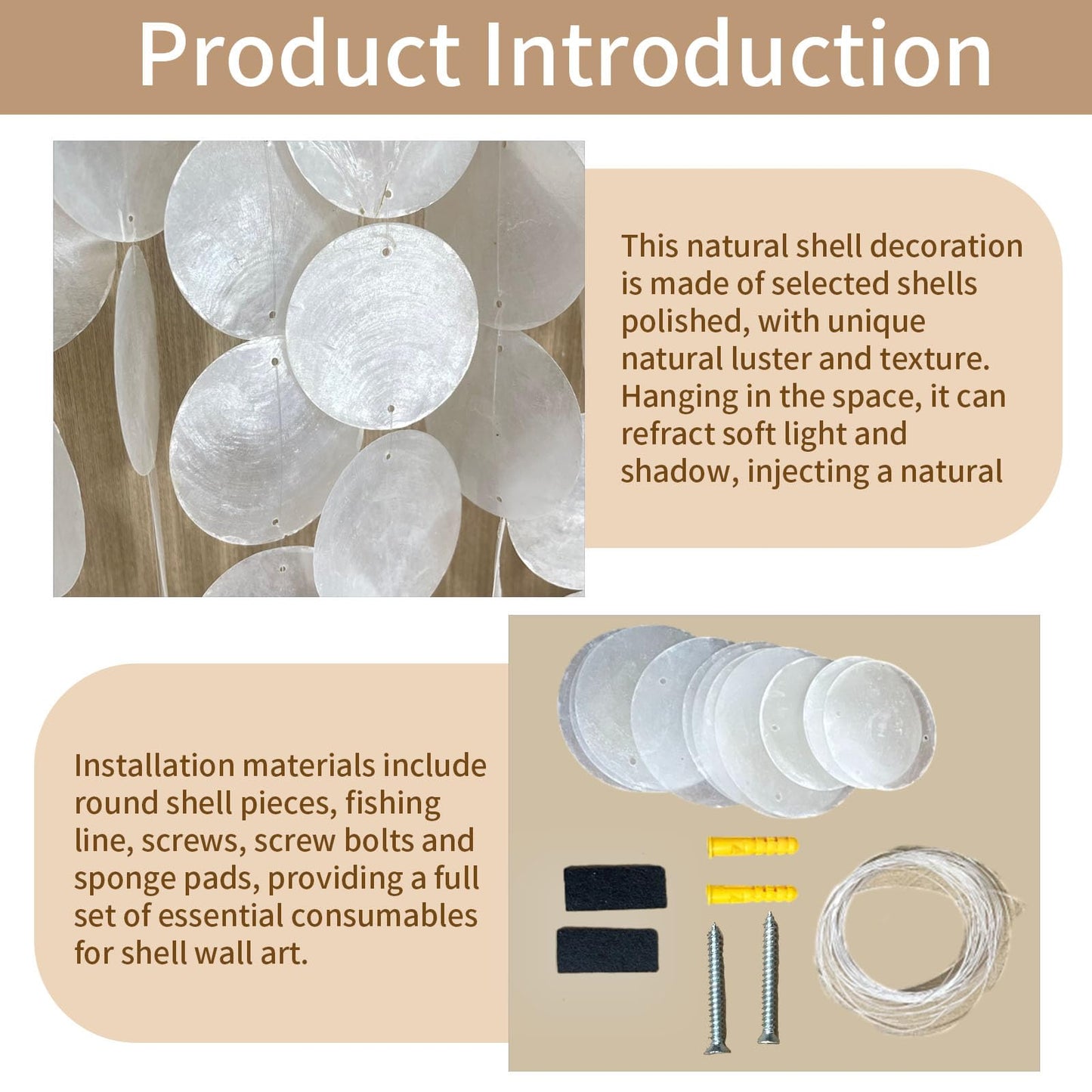 Vechor Handmade 24"x15.7" Capiz Shell Wall Art, Coastal Beach Décor，Solid Wood Frame, Natural White Seashell Hanging for Living Room, Bedroom, Office