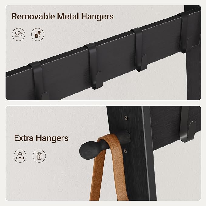 ELYKEN Blanket Ladder for Living Room, 5-Tier Wooden Towel Rack with Synthetic Leather Pocket, 4 Removable Hooks, Decorative Leaning Ladder Shelf for Bedroom, Black