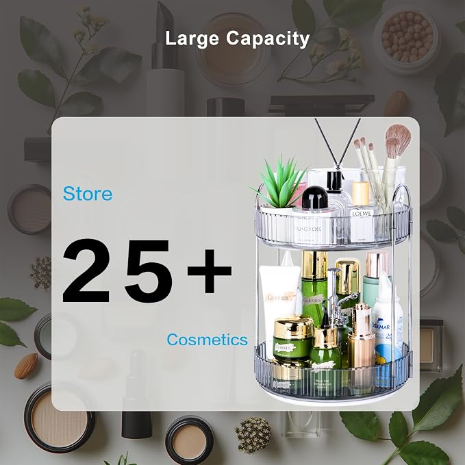 360 Rotating Makeup Organizer, 2 Tier Lazy Susan Bathroom Counter Organizer, Skincare Organizers, Spinning Perfume Organizer & Vanity Organizer Countertop (Classic Grey, 2 Tier)