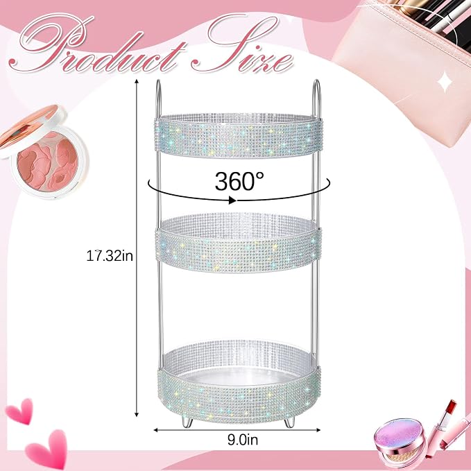 Honeydak 360 Rotating Perfume Organizer for Mother Day Nurse Day Rhinestone Bathroom Counter Organizer Makeup Holder Skincare and Perfume Storage for Cosmetic Countertop(3 Tiers,Resin Stone,Silver)