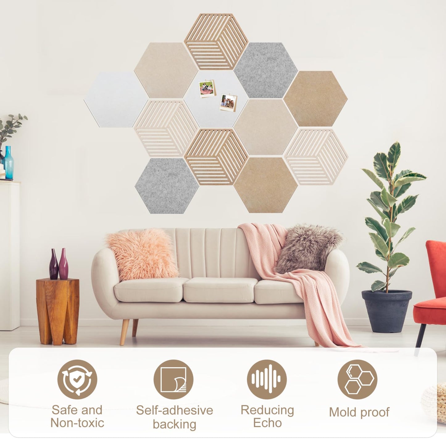 Hexagon Cork Board 12pcs with 110 Push Pins,Bulletin Board Decorative for Tiles Walls Office Room Decor Felt Vision CorkBoards for Home Pictures Photos Notes 12'' Hex