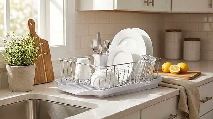 Farberware Classic Large Rust Resistant Full Dishrack with Removable 3 Compartment Flatware Caddy, Andlged Drain Board, 3-Piece, White