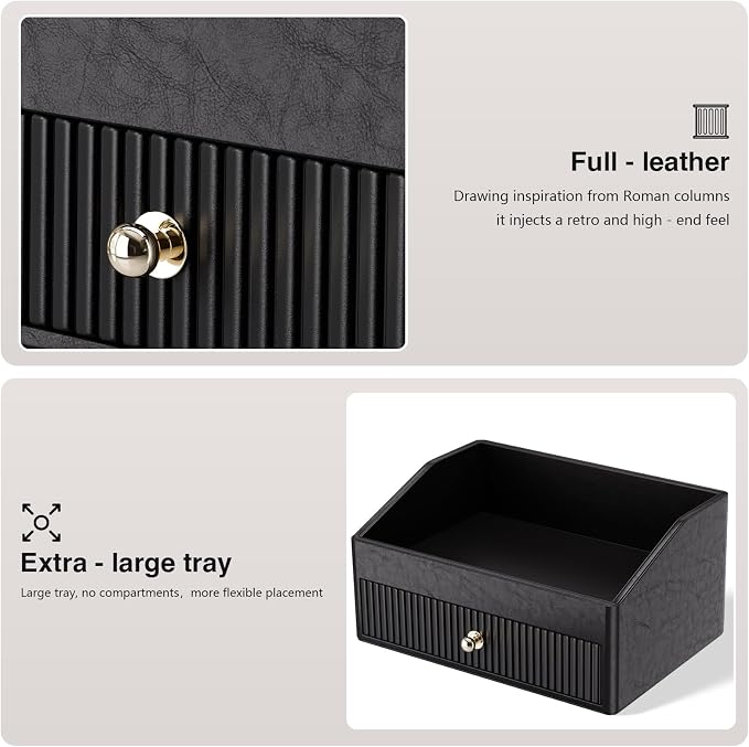 LADSTAG Vanity Organizer,Leather Skin Organizers with 1 Drawer&Tray,Large Capacity Black Vanity Organizers and Storage for Lipstick,Bedroom,Bathroom,Mothers Day Gifts,Gift for Women