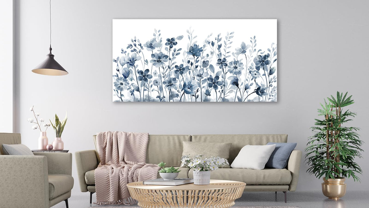 Large Flowers Wall Art for Living Room Decor Framed Art Indigo Wildflower Canvas Pictures Abstract Artwork Navy Blue Floral Canvas Prints for Bedroom Kitchen Home Office Wall Decor 24" x 48"
