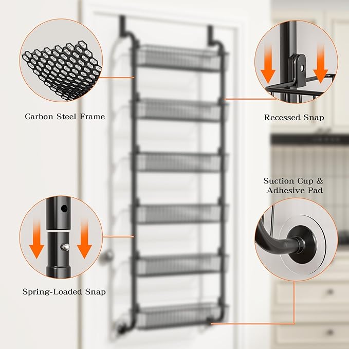 MIAOLI Over the Door Pantry Organizers and Storage, 6-Tier Spice Rack, Home & Kitchen Storage Shelves for Cabinet, Large Capacity Hanging Seasoning Organizer, Laundry Room Organization, Black