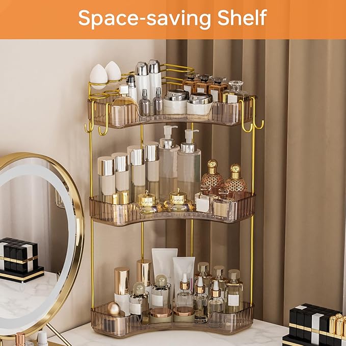 3-Tier Corner Bathroom Counter Organizer，Makeup & Skincare Shelf with Built-in Brush Holder，Space-Saving Bathroom Countertop Organizer for Skincare, Perfume, Cosmetics(Amber)