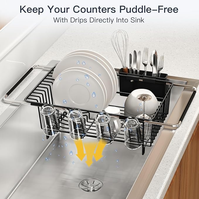 MAJALiS Dish Drying Rack Over The Sink with Utensil Holder | Expandable Stainless Steel Dish Drainer for Small Kitchen, Apartment, RV, Counter Space Saving, Perfect Fit, Rustproof