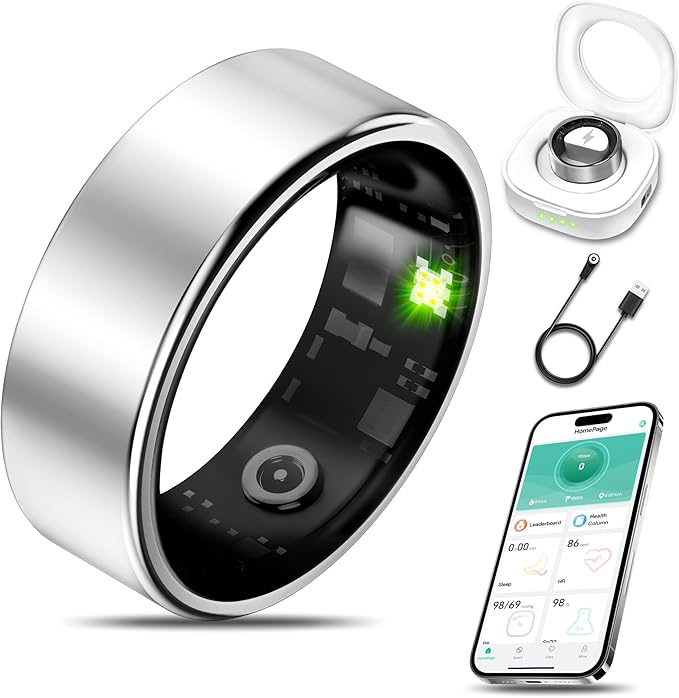 Smart Health Ring for Women Men Fitness Tracker with Heart Rate, Blood Oxygen, Blood Pressure, Sleep Monitoring, Step Counting, IP68 Waterproof for iPhone and Android, No APP Fee, Silver 8