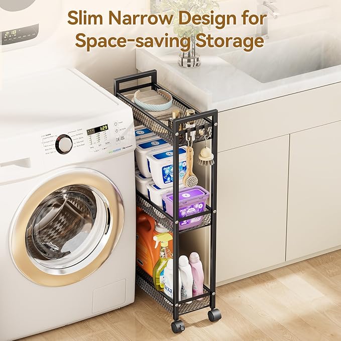YASONIC Slim Rolling Storage Cart, Metal 3 Tier Bathroom Storage Organizer Laundry Room Utility Cart for Kitchen, Bthroom, Makeup, Craft, Laundry Narrow Places, Black