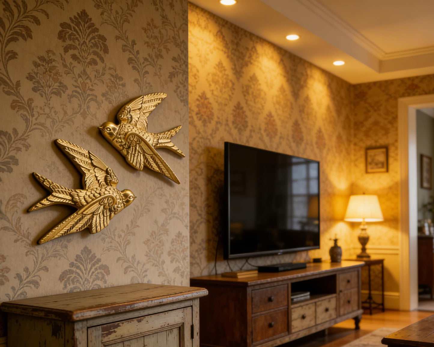 AMOIENSIS Bird Wall Sculpture Art, (Set of 2) 4¾ inch Resin Gold Bird 3D Sculpted Floating Hanging Wall Sculpture Decoration