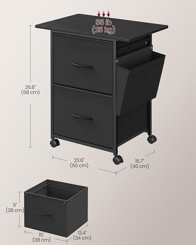 VASAGLE 2-Drawer File Cabinet, Mobile Printer Stand with Storage, Filing Cabinet for A4 Letter Size, Side Pockets, 23.6 x 15.7 x 26.8 Inch, Ink Black, Bellah Collection UOFC202BC01