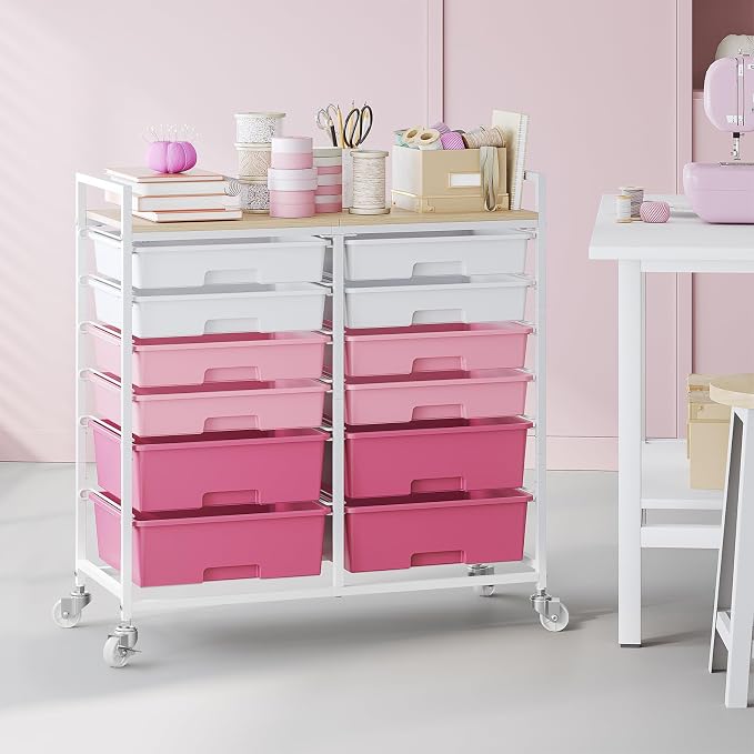 Rolling Storage Cart with 12 Drawers, Wooden Tabletop Utility Cart for Craft Storage, Art Supply Storage & Home Office Organization, Teacher Cart with Wheels for Classroom Organization, School