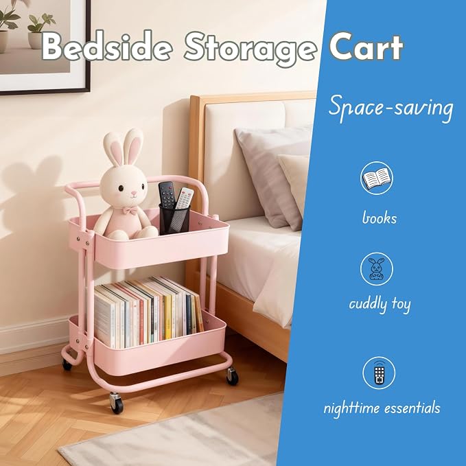 2 Tier Short Rolling Cart with Wheels All-Metal Pink Pantry Storage for Kitchen,Under Desk Trolley with Handle Small Wheeled Storage Cart for Laundry Room Bathroom, Under Table Small Space