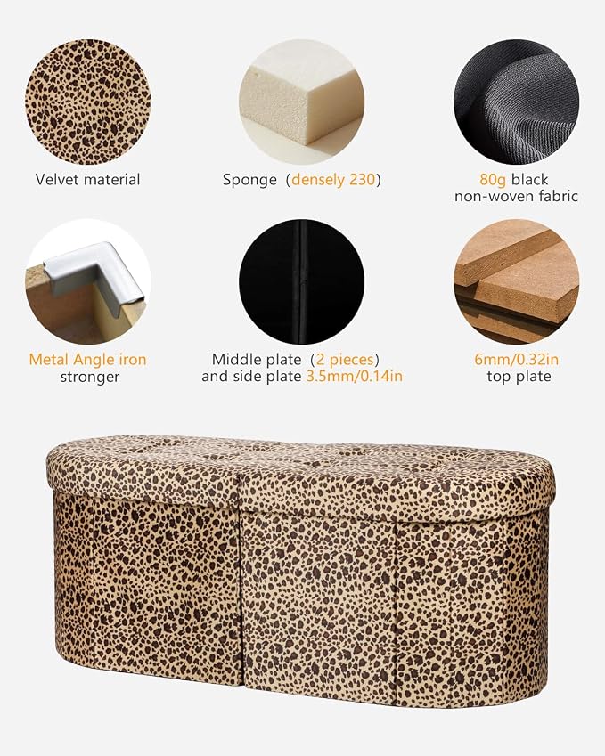 AmasSmile Footrest Ottoman Bench with Storage,34Inch Footstool, Coffee Table, Padded Seat, Storage Chest,Blanket Store with Flipping Lid for Livingroom and Bedroom (Leopard Print(Velvet))