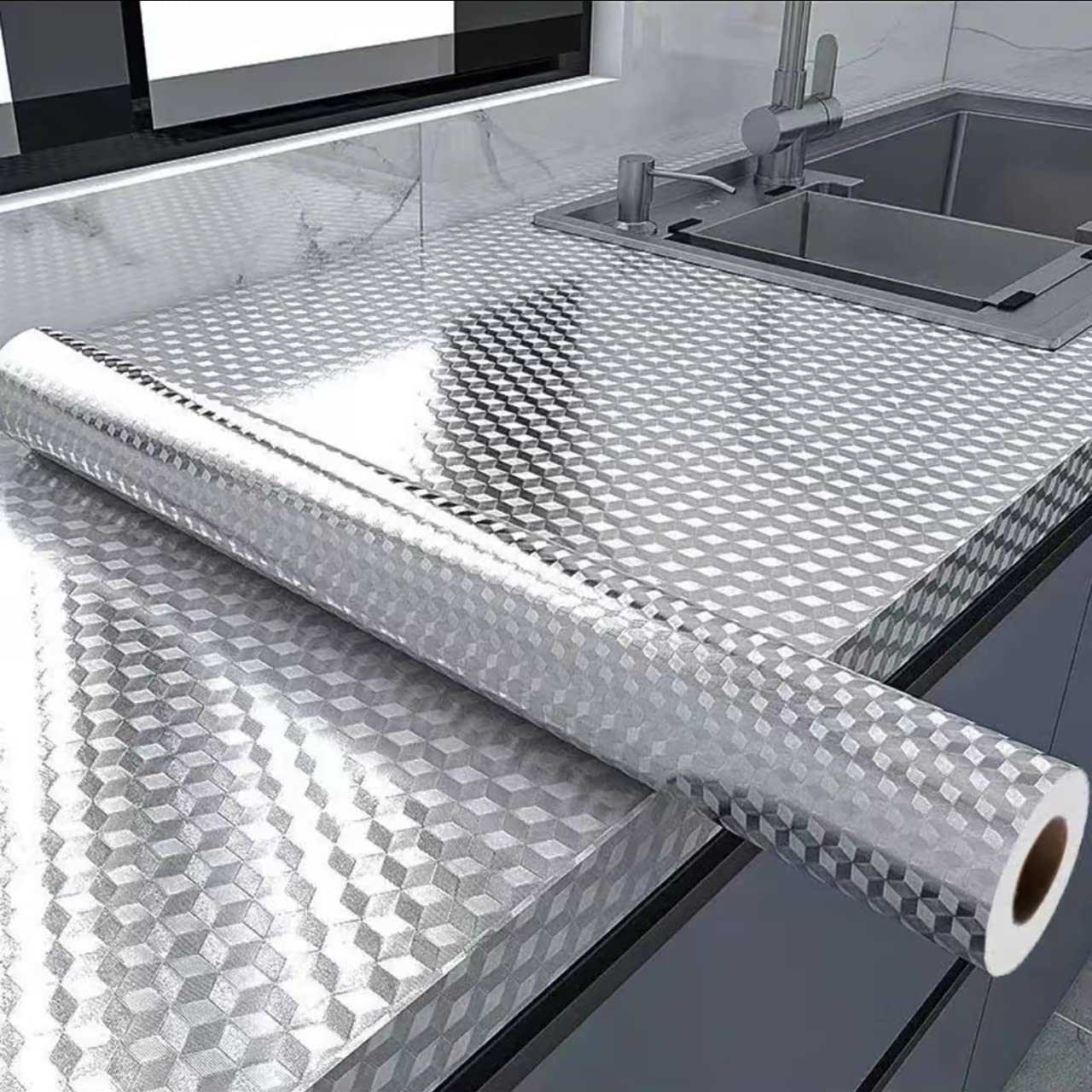 Waterproof & Oil-Resistant Aluminum Foil Peel & Stick Wallpaper - Silver Self-Adhesive Backsplash for Countertops, Cabinets, DIY Projects (Silver Chequer, 15.7"x394")