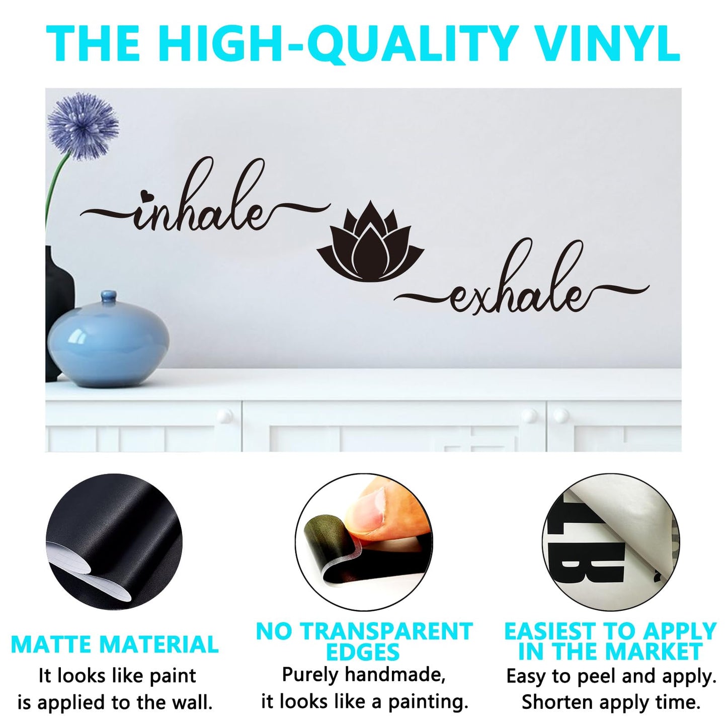 Yoga Quotes Wall Stickers for Bedroom: Zen Lotus Flower Home Meditation Vinyl Art Wall Decals for Living Room Bathroom Kitchen Office - Inhale Exhale 25" X 7"