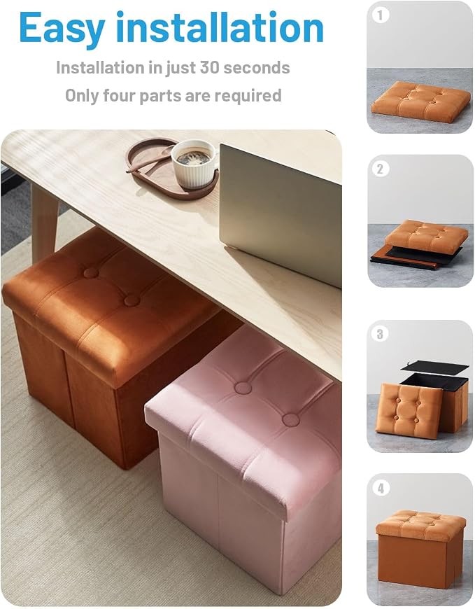 AmasSmile Storage Ottoman Foot Rest Stool, 17 inch Velvet Footstool Bench, Short Ottomans Stool, Small Folding Storage Ottoman Store Books, Records, Orange