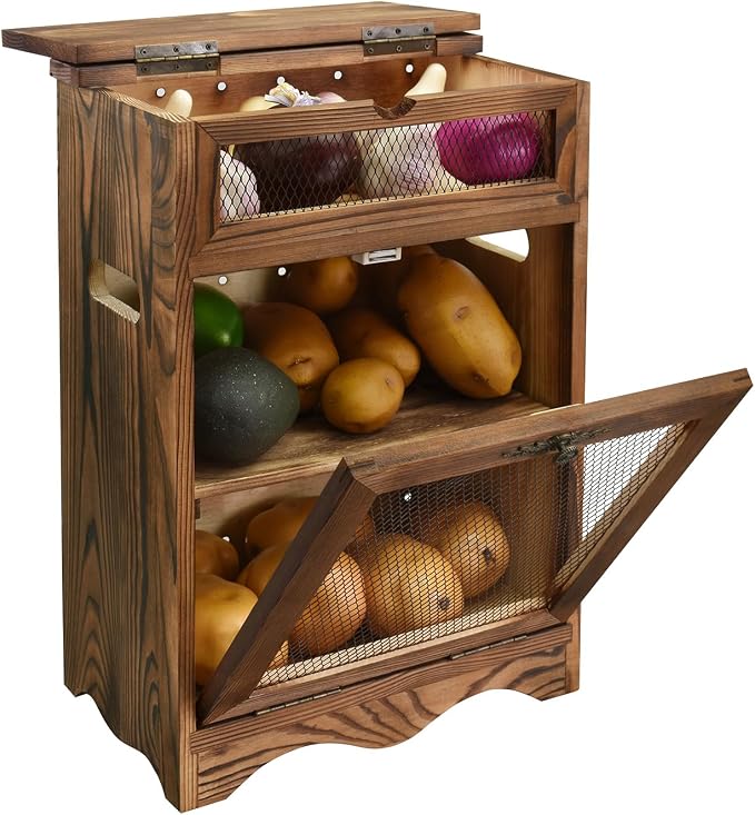Ikee Design Free Assemble Wooden Countertop Potato and Onion Storage Bin Box,Countertop Cabinet, Wooden Bread Boxes, Potato Storage, Coffee Station, 11.8W x 6.8D x 16H in, Rustic Color