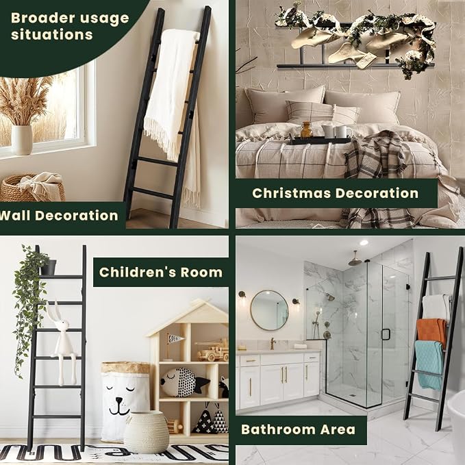 Decorative Foldable Wooden Blanket Ladder with Hooks, 6-Tier Pine Wood Quilt Ladder 68" — Easy Assembly, Anti-Slip, Farmhouse Decor Rack Stand for Living Room, Bedroom Bathroom (Black)