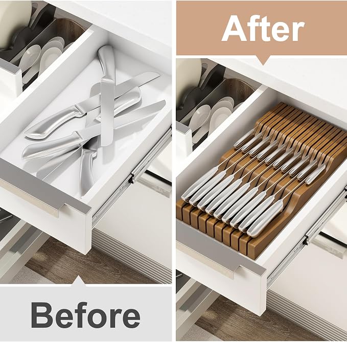 In-Drawer Knife Block Organizer - Bamboo Wood Drawer Knife Organizer-Protecting Knife Organizer Block (Not Included) (Brown, 19 Knives Dock)