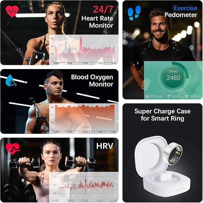 Health Tracker Ring, Smart Health Ring for Women Men with Heart Rate, Blood Oxygen, Sleep Monitor, Steps,Calories, No Subscription Fee, IP68 Waterproof Smart Ring for iPhone & Android (Silver, 14#)