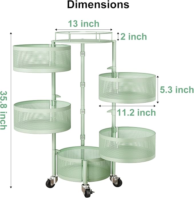 SAYZH Fruit Vegetable Basket for Kitchen, Rotating Storage Rack, 5 Tier Rolling Cart with top lid, Large Metal Wire Basket for for Potato Onion Snack, Green