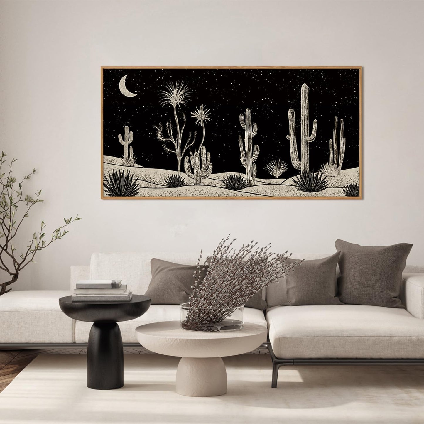 DRACIT Desert Night Cactus Framed Canvas Wall Art Set,Southwestern Black and White Landscape Wall Decor,Rustic Wooden Mid Century Boho Moon Artwork for Living Room,Bedroom-20 x40