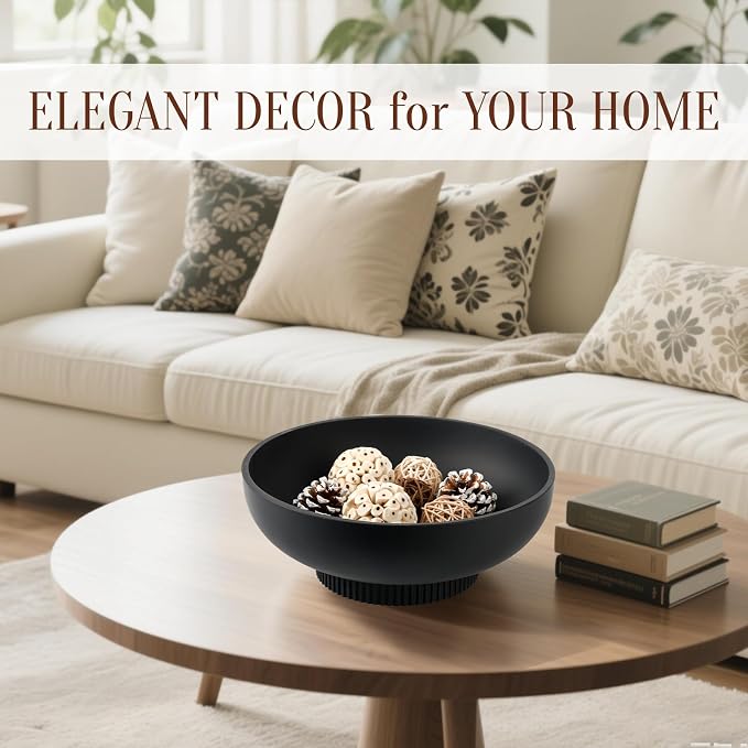 Deobath Large Resin Pedestal Decorative Bowl - Modern Handicraft Bowls for Home Decor - Fruit Bowl for Kitchen Counter - Key Bowl for Entryway Table,Matte Black