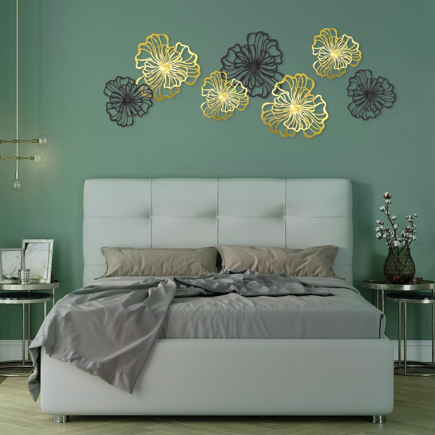 7 Piece Metal Wall Decor for Living Room, Boho Double Layered Iron Flower Wall Hanging Art, Aesthetic Indoor Metal Wall Sculpture Decor for Bedroom Kitchen Bathroom Farmhouse Home Office, Gold-Black