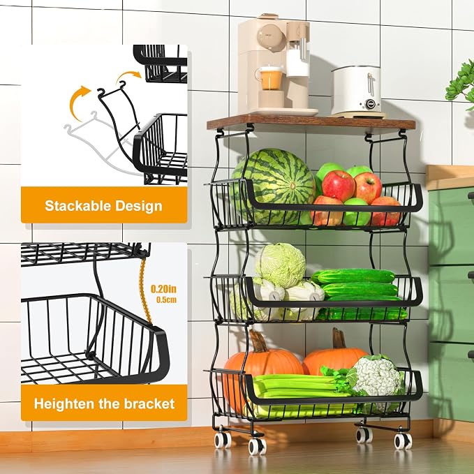 Gsiekare Fruit Vegetable Basket for Kitchen, 4 Tier Stackable Fruit Vegetable Storage Baskets with Wheels, Metal Wire Storage Basket Organizer Baskets for Kitchen, Pantry, Bathroom